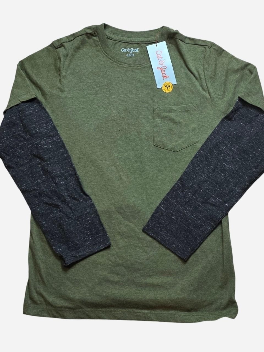 Cat & Jack Olive Green Long Sleeve Shirt with Charcoal Layered Sleeves